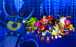 Size: 1920x1200 | Tagged: safe, artist:sonicthehedgehogbg, amy rose, big the cat, charmy bee, cream the rabbit, e-123 omega, espio the chameleon, knuckles the echidna, metal sonic, miles "tails" prower, neo metal sonic, rouge the bat, shadow the hedgehog, sonic the hedgehog, vector the crocodile, sonic heroes, 2013, 3d, abstract background, black sclera, group, robot, standing, team chaotix, team dark, team rose, team sonic, wallpaper