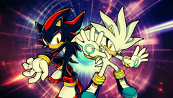 Size: 1192x670 | Tagged: safe, artist:soniclover82, shadow the hedgehog, silver the hedgehog, alternate version, duo, wallpaper