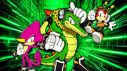 Size: 1192x670 | Tagged: safe, artist:soniclover82, charmy bee, espio the chameleon, vector the crocodile, alternate version, team chaotix, trio, wallpaper