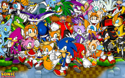Size: 1131x707 | Tagged: safe, artist:sonicthehedgehogbg, amy rose, big the cat, blaze the cat, chaos, charmy bee, cheese (chao), cream the rabbit, e-102 gamma, e-123 omega, eggman nega, emerl, espio the chameleon, gemerl, jet the hawk, knuckles the echidna, marine the raccoon, metal sonic, miles "tails" prower, robotnik, rouge the bat, shadow the hedgehog, silver the hedgehog, sonic the hedgehog, storm the albatross, tikal, vanilla the rabbit, vector the crocodile, wave the swallow, green hill zone, everyone is here, group, wallpaper