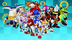 Size: 1192x670 | Tagged: safe, artist:sonicthehedgehogbg, amy rose, big the cat, blaze the cat, charmy bee, cheese (chao), cream the rabbit, e-123 omega, espio the chameleon, knuckles the echidna, metal sonic, miles "tails" prower, robotnik, rouge the bat, shadow the hedgehog, silver the hedgehog, sonic the hedgehog, vector the crocodile, alternate version, group, ring, wallpaper