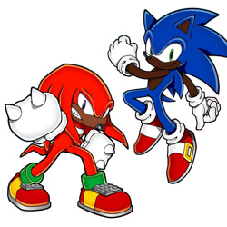 Size: 1200x1200 | Tagged: safe, editor:queenshad0w, knuckles the echidna, sonic the hedgehog, 2024, black edit, dark skin, duo, edit, frown, looking at viewer, simple background, smile, white background