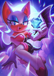 Size: 2048x2897 | Tagged: safe, artist:spacecolonie, rouge the bat, 2025, abstract background, chaos emerald, clouds, flying, holding something, lidded eyes, lineless, mid-air, moon, mouth open, nighttime, one fang, open smile, outdoors, signature, smile, smiling at viewer, solo, star (sky)