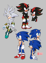 Size: 1000x1356 | Tagged: safe, artist:jugumpuppet, shadow the hedgehog, silver the hedgehog, sonic the hedgehog, 2025, chest fluff, frown, grey background, looking offscreen, mouth open, neck fluff, signature, simple background, standing, tan skin, trio
