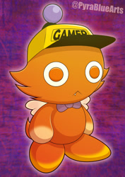 Size: 1447x2048 | Tagged: safe, artist:pyrabluearts, ian jr, chao, 2024, :<, abstract background, baseball cap, bowtie, cap, chaoified, character chao, frown, hat, looking offscreen, one fang, outline, signature, solo, thousand yard stare