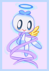 Size: 1024x1474 | Tagged: safe, artist:angelrosestar, chao, 2021, :>, blushing, border, bow, chaobetes, cute, hero chao, looking at viewer, purple background, ribbon, simple background, smile, smiling at viewer, solo