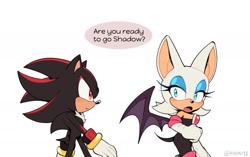 Size: 1615x1017 | Tagged: safe, artist:kiioki11, rouge the bat, shadow the hedgehog, bat, hedgehog, comic, dialogue, duo, english text, female, male, simple background, white background