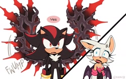 Size: 1615x1017 | Tagged: safe, artist:kiioki11, rouge the bat, shadow the hedgehog, bat, hedgehog, comic, dialogue, doom shadow, duo, english text, female, male, simple background, white background, wings