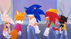 Size: 1200x659 | Tagged: safe, artist:ifoundyoufaker, knuckles the echidna, miles "tails" prower, shadow the hedgehog, silver the hedgehog, sonic the hedgehog, abby (k-pop demon hunters), abstract background, baby (k-pop demon hunters), beanie, belt, clothes, crossover, frown, group, hair over eyes, hat, jeans, jinu (k-pop demon hunters), k-pop demon hunters, lidded eyes, looking at viewer, looking back, looking back at viewer, mystery (k-pop demon hunters), pants, romance (k-pop demon hunters), saja boys, shirt, signature, smile, smiling at viewer, standing, sweater, vest