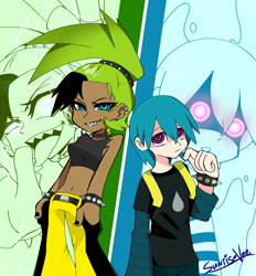 Size: 2600x2804 | Tagged: safe, artist:sunrisevee, kit the fennec, surge the tenrec, human, 2025, backpack, clothes, crop top, duo, echo background, frown, humanized, looking at viewer, pants, signature, smile, standing, sweater, tan skin