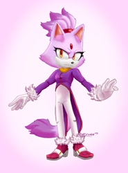 Size: 2000x2700 | Tagged: safe, artist:adairyaskie, blaze the cat, 2025, arms out, frown, gradient background, looking at viewer, movie style, signature, solo, standing, style emulation