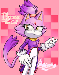 Size: 817x1047 | Tagged: safe, artist:adairyaskie, blaze the cat, 2025, abstract background, character name, frown, looking offscreen, signature, solo, standing, text