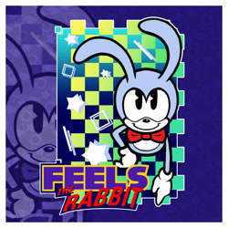 Size: 3000x3000 | Tagged: safe, artist:energyartt, feels the rabbit, rabbit, 2025, abstract background, border, character name, echo background, flat colors, hand on hip, looking at viewer, looking up, looking up at viewer, outline, smile, smiling at viewer, solo, standing, star (symbol), text