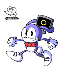 Size: 2130x2500 | Tagged: safe, artist:rkeistudio, feels the rabbit, rabbit, 2025, clenched fists, monitor, ring monitor, running, signature, simple background, smile, smiling at viewer, solo, white background