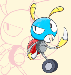 Size: 1988x2084 | Tagged: safe, artist:pepperthe2008rabbit, moto bug, 2025, badnik, echo background, looking offscreen, mobianified, robot, solo, walking