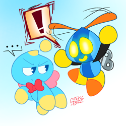 Size: 1280x1280 | Tagged: safe, artist:cottonbuzzkill, cheese (chao), omochao, chao, ..., 2025, cheese is not amused, duo, exclamation mark, flying, frown, glowing eyes, gradient background, looking at each other, mid-air, neutral chao, robot, signature, smile, unamused