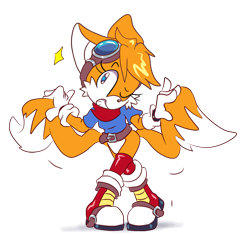 Size: 2307x2160 | Tagged: safe, artist:blehmaster7, miles "tails" prower, 2025, bandana, belt, boots, clothes, eyewear on head, flat colors, gender swap, gloves, goggles, goggles on head, holding tail, looking at viewer, shirt, simple background, smile, smiling at viewer, solo, standing, star (symbol), stockings, transparent background, wink, winking at viewer