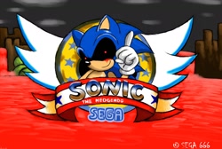 Size: 2004x1346 | Tagged: safe, artist:srloctober23, sonic the hedgehog, oc, oc:sonic.exe, hedgehog, 2012, abstract background, black sclera, bleeding, bleeding from eyes, blood, clouds, looking at viewer, pointing, red pupils, redraw, sega logo, smile, solo, title screen, wagging finger