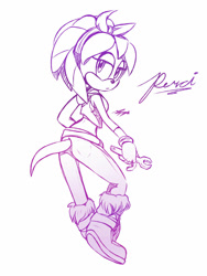 Size: 900x1200 | Tagged: safe, artist:glu10morgen, perci the bandicoot, 2017, bandicoot, female, flat colors, holding something, line art, looking at viewer, looking back, looking back at viewer, monochrome, signature, solo, wrench