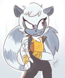 Size: 552x662 | Tagged: safe, artist:glu10morgen, tangle the lemur, 2018, clenched fist, clenched teeth, gradient background, hand on hip, looking offscreen, outline, signature, smile, solo