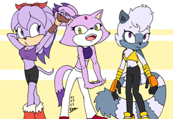 Size: 1700x1169 | Tagged: safe, artist:tmntsam, blaze the cat, perci the bandicoot, tangle the lemur, 2023, abstract background, belly button, clothes, crop top, flat colors, looking at viewer, looking offscreen, midriff, mouth open, open smile, pants, pout, shorts, signature, smile, smiling at viewer, standing, stretching, trio, workout outfit