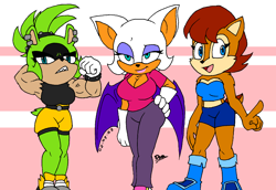 Size: 1700x1169 | Tagged: safe, artist:tmntsam, rouge the bat, sally acorn, surge the tenrec, 2023, abstract background, belt, cleavage, clenched teeth, clothes, crop top, flat colors, flexing, hand on hip, lidded eyes, looking at viewer, looking offscreen, midriff, muscular, muscular surge, pants, pointing, shirt, shorts, signature, smile, standing, trio, workout outfit