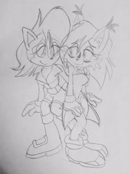Size: 2448x3264 | Tagged: safe, artist:midnight-shine1996, nicole the hololynx, sally acorn, 2015, arm around shoulders, duo, eye clipping through hair, flat colors, lesbian, line art, looking at each other, nicole x sally, pencilwork, shipping, smile, smiling at each other, standing, traditional media