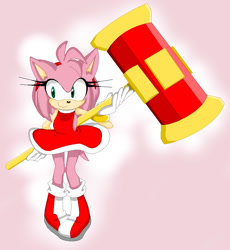 Size: 810x882 | Tagged: safe, artist:midnight-shine1996, amy rose, 2015, amy's halterneck dress, clothes, gradient background, hand behind back, holding something, piko piko hammer, smile, solo, standing