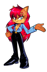 Size: 1349x2048 | Tagged: safe, artist:lev0104, sally acorn, 2025, alternate hairstyle, alternate outfit, belt, clothes, hair, hand on hip, lidded eyes, long hair, open shirt, pants, shirt, shoes, smile, smiling at viewer, solo, standing