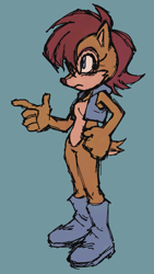 Size: 553x983 | Tagged: safe, artist:murkybouquet, sally acorn, 2023, blue background, clenched fist, flat colors, frown, looking offscreen, pointing, simple background, sketch, solo, standing