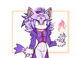 Size: 1610x1212 | Tagged: safe, artist:veggiemiilk, blaze the cat, 2025, :<, abstract background, blazebetes, cheek fluff, claws, clothes, cute, ear fluff, eye clipping through hair, fire, flame, frown, looking offscreen, pink nose, redesign, solo, standing