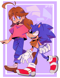 Size: 3500x4500 | Tagged: safe, artist:pastelmangos, sonic the hedgehog, oc, oc:penny, hedgehog, human, 2022, abstract background, bandana, clothes, duo, eyebrow clipping through hair, eyebrows clipping through hair, looking at each other, signature, smile, smiling at each other, standing, walking, wink, winking at them