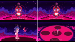 Size: 3840x2160 | Tagged: safe, artist:kanayanga, chao, 2023, abstract background, barely sonic related, chaoified, crossover, dialogue, duo, english text, fake screenshot, ladybug, ladybug & cat noir: the movie, marinette dupain-cheng (miraculous), miraculous: tales of ladybug & cat noir, mobianified, standing, text, tikki (miraculous)