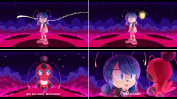 Size: 3840x2160 | Tagged: safe, artist:kanayanga, chao, 2023, abstract background, barely sonic related, chaoified, crossover, dialogue, duo, english text, fake screenshot, ladybug, ladybug & cat noir: the movie, looking at each other, marinette dupain-cheng (miraculous), miraculous: tales of ladybug & cat noir, mobianified, no outlines, standing, talking, text, tikki (miraculous)