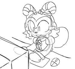 Size: 995x910 | Tagged: safe, artist:team-chaotix-daily, charmy bee, bee, 2025, computer, computer mouse, gaming, keyboard, line art, looking at something, monochrome, sitting, sketch, smile, solo, table