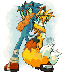 Size: 1780x2048 | Tagged: safe, artist:candyh0rns, miles "tails" prower, sonic the hedgehog, 2025, arms folded, back to back, bandage, beanbrows, blue sclera, cheek fluff, claws, clenched teeth, duo, ear fluff, ear piercing, earring, eyebrow piercing, eyewear on head, face piercing, fingerless gloves, fur markings, gloves, gloves off, goggles, goggles on head, gradient background, green sclera, looking at viewer, shoulder fluff, signature, smile, standing, tail fluff, whiskers