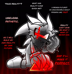 Size: 2002x2048 | Tagged: safe, artist:jesterjesteringjesterly, silver the hedgehog, sonic forces, 2025, alternate universe, au:silver infinite, clenched teeth, disembodied thoughts, english text, gradient background, greyscale, holding something, kneeling, mind control, monochrome, neck fluff, outline, phantom ruby, signature, solo, spot color, tail fluff, text