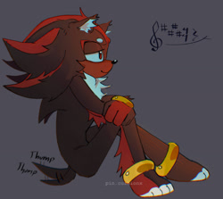 Size: 1564x1398 | Tagged: safe, artist:pincushionx, shadow the hedgehog, fanfic:a lack of oxygen, 2025, arm fluff, barefoot, beanbrows, cheek fluff, cute, dark skin, ear fluff, fanfiction art, gloves off, grey background, leg fluff, lidded eyes, looking offscreen, musical note, sfx, shadowbetes, signature, simple background, sitting, smile, solo, wagging tail