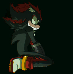 Size: 1496x1520 | Tagged: safe, artist:pincushionx, shadow the hedgehog, fanfic:a lack of oxygen, 2025, beanbrows, black background, bondage, chest fluff, crying, ear fluff, fanfiction art, floppy ears, kneeling, leg fluff, looking at viewer, muzzle, shrunken pupils, signature, simple background, solo, tears, unsexy bondage