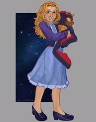 Size: 1612x2048 | Tagged: safe, artist:pincushionx, maria robotnik, shadow the hedgehog, human, 2025, abstract background, aged down, alternate universe, arm fluff, barefoot, carrying them, cheek fluff, dark skin, duo, gloves off, leg fluff, looking at viewer, looking offscreen, paws, smile, standing, star (sky), yellow sclera, younger