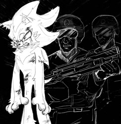 Size: 1447x1484 | Tagged: semi-grimdark, artist:pincushionx, shadow the hedgehog, human, fanfic:a lack of oxygen, 2025, arm fluff, black and white, black background, bleeding, blood, blood stain, claws, clenched teeth, crying, ear fluff, fanfiction art, g.u.n logo, g.u.n soldier, gloves off, gun, holding something, injured, leg fluff, looking at them, looking offscreen, monochrome, paws, simple background, stain, standing, tears, tears of anger, trio