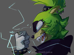 Size: 1731x1304 | Tagged: safe, artist:pincushionx, surge the tenrec, 2025, electricity, fangs, floppy ears, glowing eyes, grey background, looking offscreen, mouth open, shrunken pupils, side view, signature, simple background, solo