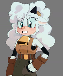 Size: 1180x1406 | Tagged: safe, artist:pincushionx, lanolin the sheep, 2025, beanbrows, clenched teeth, eye clipping through hair, grey background, hand on hip, looking at viewer, pink nose, signature, simple background, solo, standing