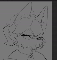 Size: 1508x1603 | Tagged: safe, artist:pincushionx, whisper the wolf, 2025, ear fluff, eyes closed, frown, grey background, line art, monochrome, one fang, simple background, solo