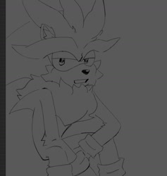 Size: 1437x1514 | Tagged: safe, artist:pincushionx, silver the hedgehog, 2025, arm fluff, clenched teeth, ear fluff, frown, grey background, lidded eyes, line art, looking at viewer, monochrome, neck fluff, simple background, sitting, solo