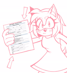 Size: 1891x2048 | Tagged: safe, artist:katplantsart, amy rose, 2025, arrow, blushing, eye clipping through hair, eyebrow clipping through hair, eyelashes, frown, holding something, job application, line art, looking at viewer, monochrome, simple background, solo, standing, white background