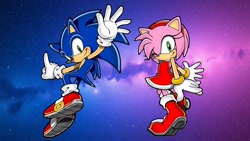 Size: 1920x1080 | Tagged: safe, artist:soniclover82, amy rose, sonic the hedgehog, amy x sonic, duo, shipping, straight, wallpaper