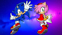 Size: 1192x670 | Tagged: safe, artist:soniclover82, amy rose, sonic the hedgehog, alternate version, amy x sonic, duo, shipping, straight, wallpaper