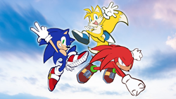 Size: 6932x3894 | Tagged: safe, artist:mercadex_8, knuckles the echidna, miles "tails" prower, sonic the hedgehog, sonic heroes, 2025, abstract background, blue shoes, clouds, flat colors, mid-air, posing, redraw, sky background, team sonic, trio, wallpaper