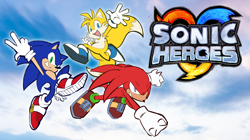 Size: 6932x3894 | Tagged: safe, artist:mercadex_8, knuckles the echidna, miles "tails" prower, sonic the hedgehog, sonic heroes, 2025, abstract background, alternate version, blue shoes, clouds, flat colors, mid-air, posing, redraw, sky background, team sonic, trio, wallpaper